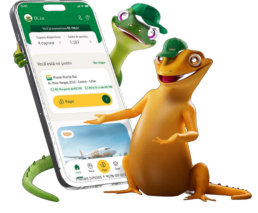 Mockup do app Premmia com mascotes Lu e Brás